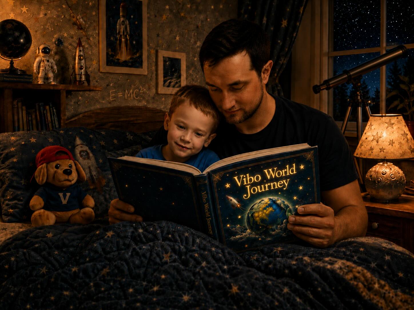 Отец читает сыну книгу Vibo World Journey