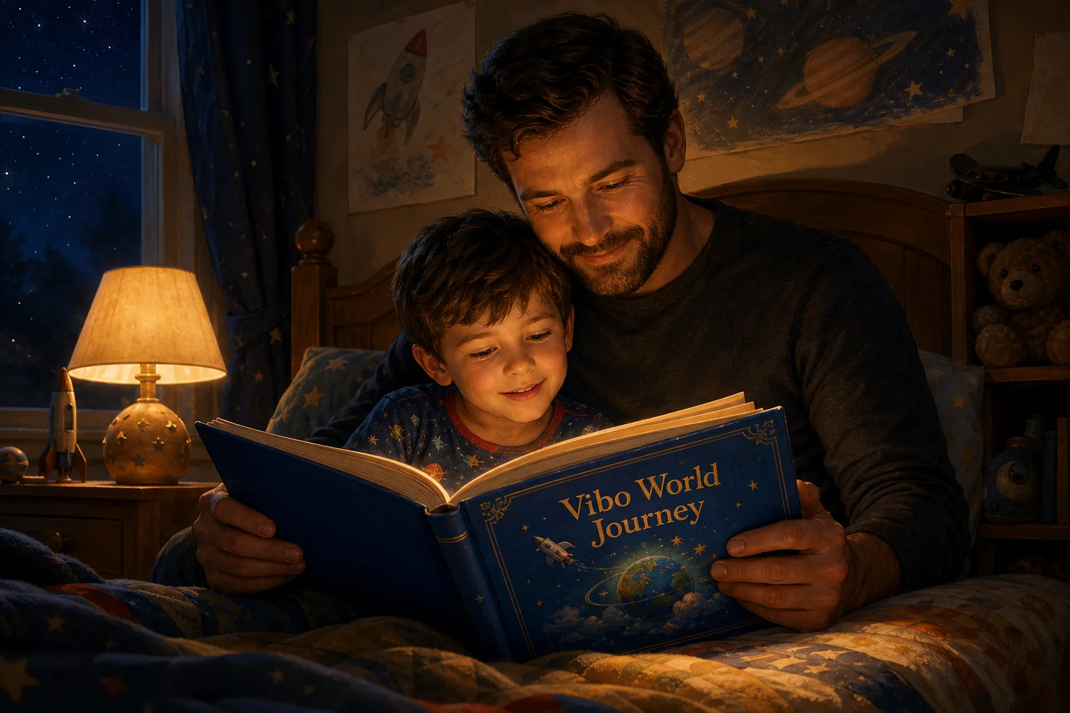 Отец читает маленькому сыну синюю книгу Vibo World Journey перед сном